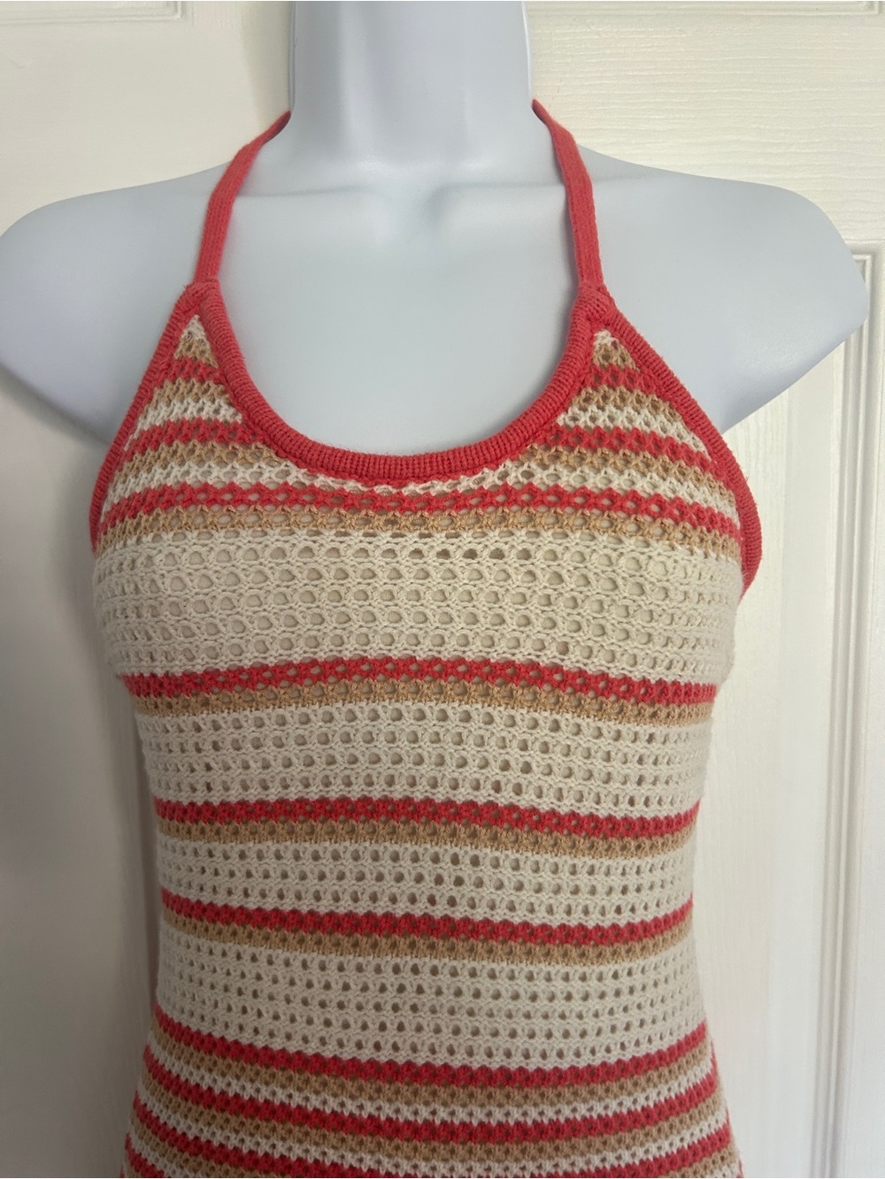 Striped Crochet Halter Maxi Dress in Cream and Coral